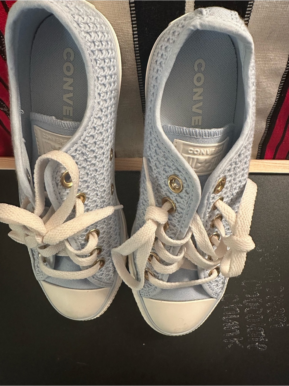 Converse Women's Light Blue Crochet Low Top Sneakers with Gold Eyelets - NWOT - Picture 2 of 6